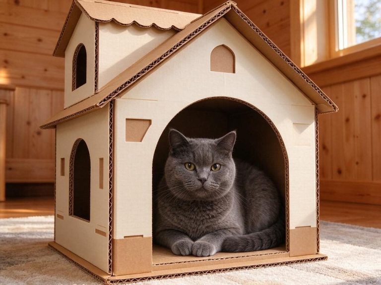 Corrugated cardboard cottage cat house with a cat curled inside
