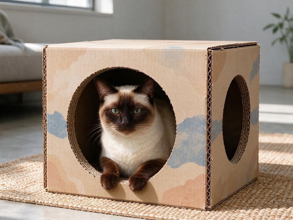 Cat peeking from a hide-and-seek cardboard cat house